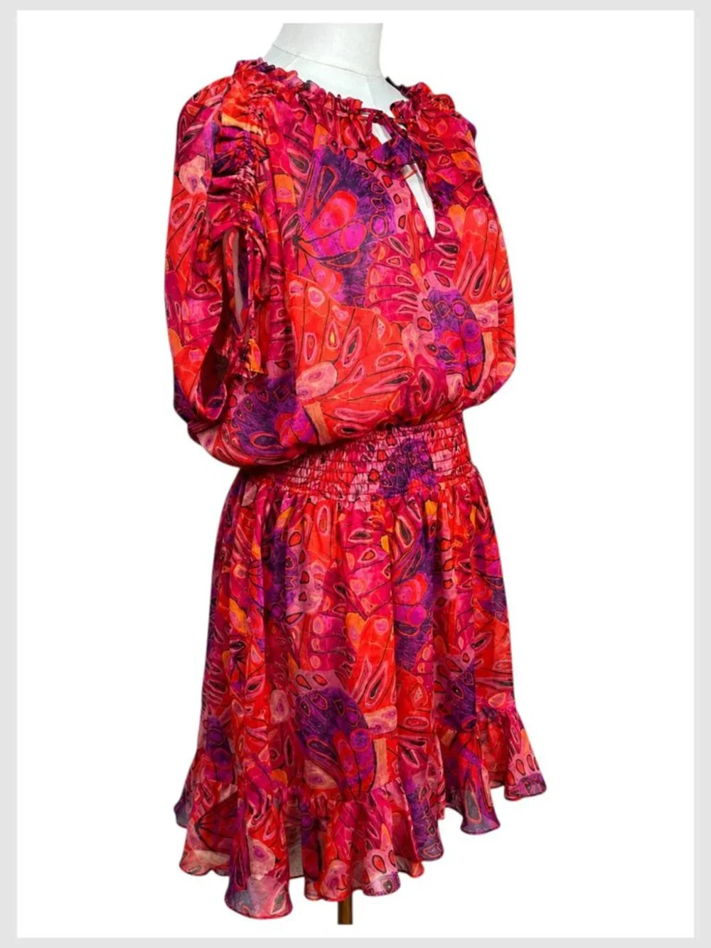MISA Los Angeles Dominique Mini Dress Red Pink Smocked Ruffle XL